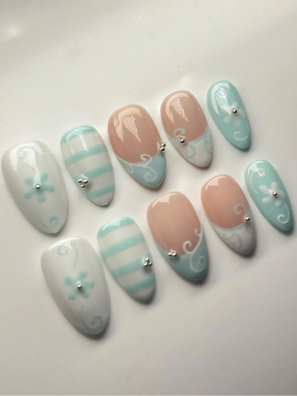 CUSTOM SIZE- Pastel Blue & Nude Floral Press-On Nail Set
